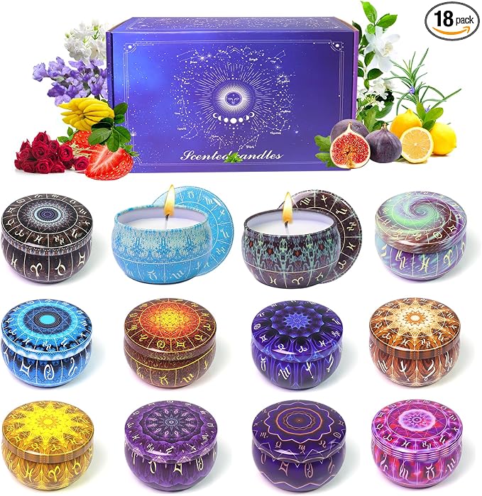 Zodiac Scented Candles Gifts Set, 12 Pack Soy Wax Travel Aromatherapy Candles with Essential Oils, Astrology Constellation Candle Set for Birthday, Mother's Day, Relaxation, Home Decor
