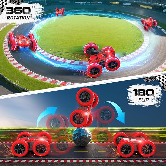 cosone Remote Control Car for Boys - Car Toy for Kids Age 6 7 8 9, 4WD 2.4Ghz Double Sided 360° Rotating RC Cars with Headlights, Christmas Birthday for Boys and Girls - Red