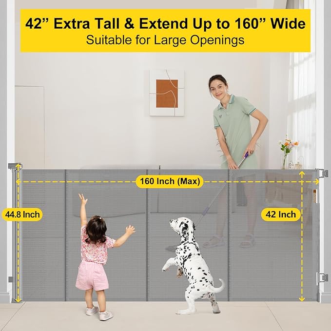 Reinforced 42” Tall x 160” Extra Wide Retractable Gates with Support Rods, Tall Pet Gate for Large Openings, Outdoor Dog Gates Extra Wide Baby Gate for The House Large Mesh Gate, Gray