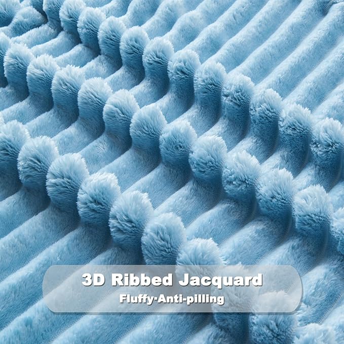 NEWCOSPLAY Super Soft Twin Blanket Blue Premium Silky Flannel Fleece 3D Ribbed Jacquard Lightweight Bed Blanket All Season Use (Blue Ribbed, Twin(60"x80"))