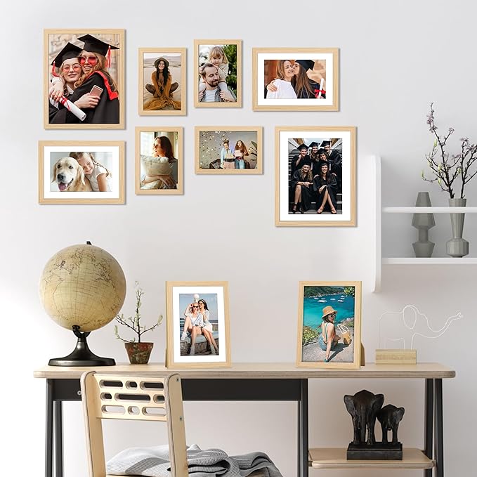 10 Pack Natural Picture Frames Collage Wall Decor for Mounting or Tabletop Display, Gallery Wall Frame Set with Two 8x10 Natural Frames, Four 5x7 and Four 4x6 Frames, Multi-Pack Photo Frame Set