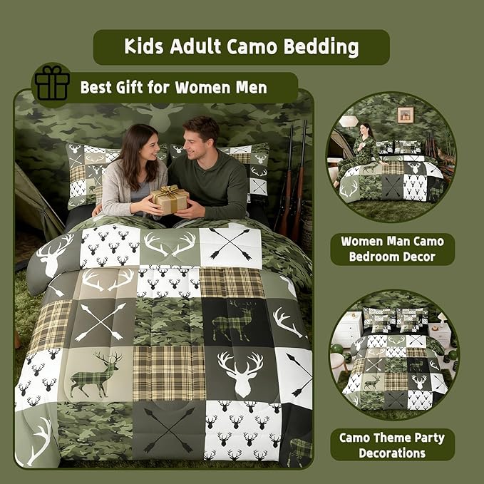 Feelyou Green Hunting Camo Twin Comforter Set with Sheets for Kids Boys Girls Rustic Western Deer 7 Pieces Bedding Set Camouflage Hunter Bed in a Bag Wildlife Animal Room Decor Soft
