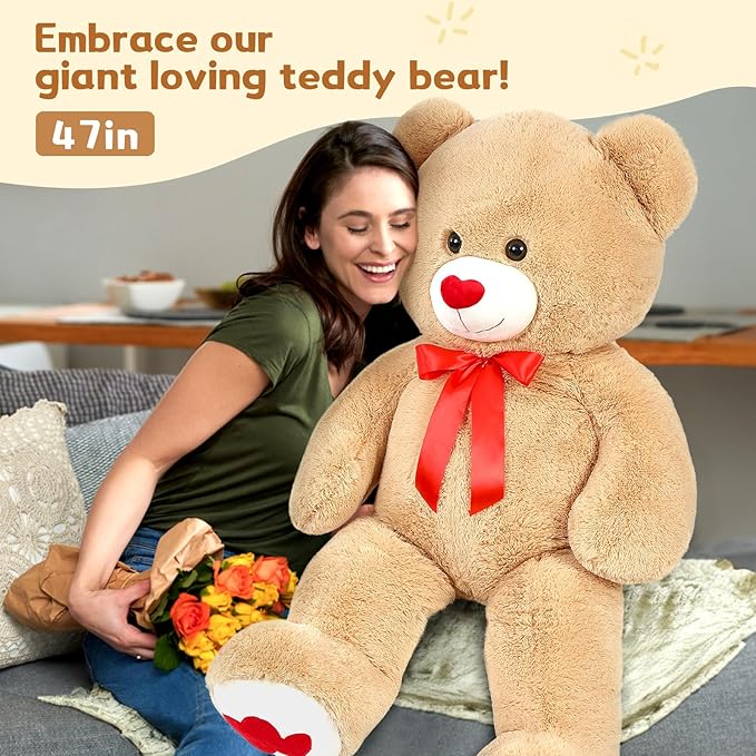 MaoGoLan Big Teddy Bear Plush 42"- Giant BrownTeddy Bear Stuffed Animal with Heart Footprints and Heart Nose - Large Valentines Teddy Bear for Boyfriend,Wife,Lover - Anniversary,Long Distance