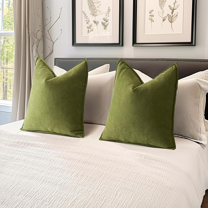 MIULEE Pack of 2 Moss Green Decorative Chenille Pillow Covers 18x18 Inch | Soft Couch Throw Pillows,Farmhouse Cushion Covers with Elegant Design for Sofa,Bedroom,Living Room,Spring Home Decor