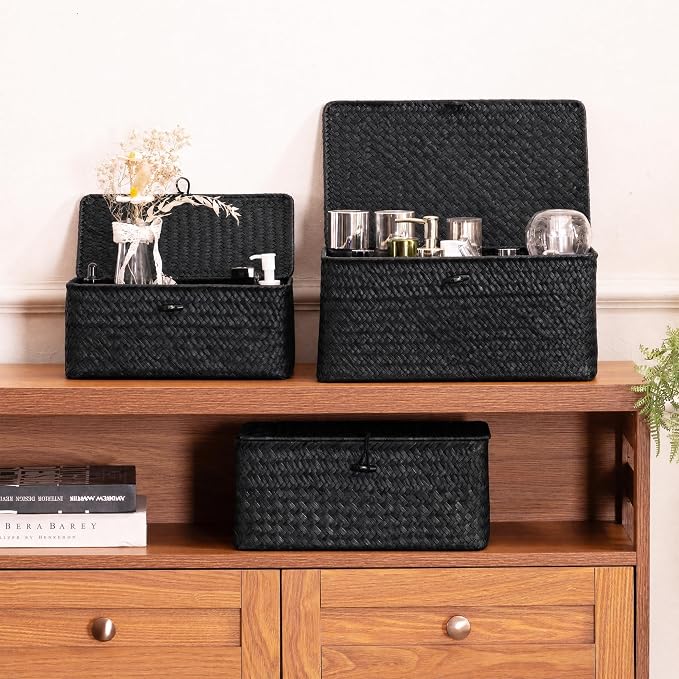 Nonam Storage Basket with Lid, Natural Seagrass Bin with Lid Set of 3, Shelf Baskets Multipurpose Container for Boho Decoration, Rectangular Household Storage Boxes for Home Organization-Black