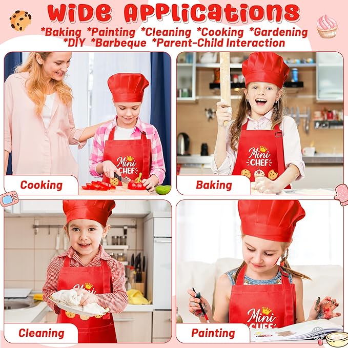 R HORSE Kid Apron and Chef Hat Set - 2Pcs Red Mini Chef Adjustable Children Kitchen Toddler Apron for Girls Boys, Funny Dress up Pretend Play Toy Birthday Gift for Kids Cooking Baking Painting
