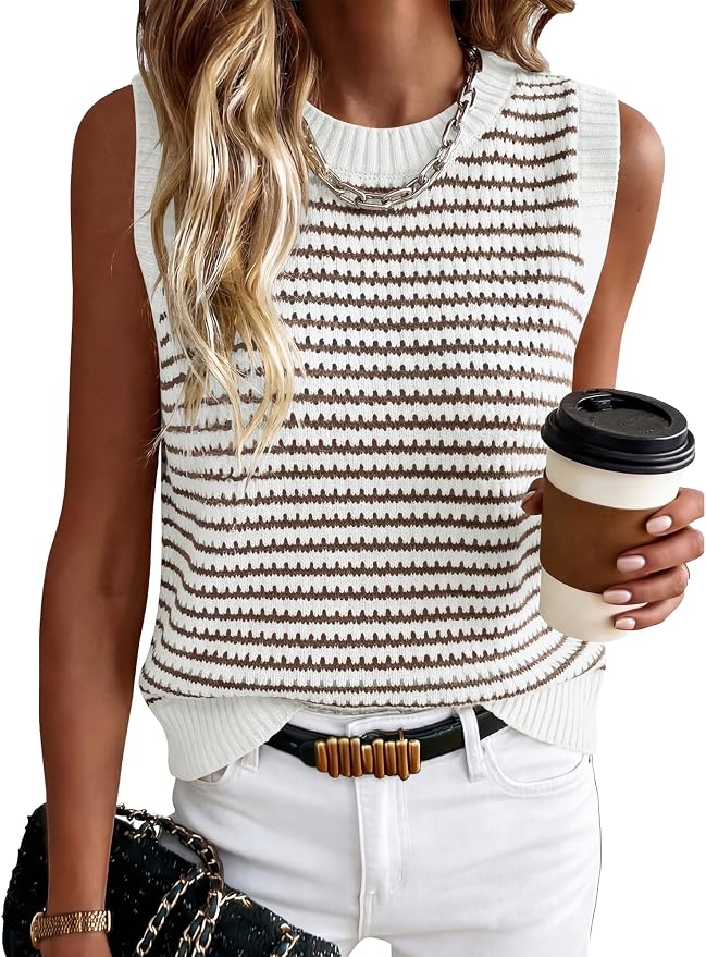 ANRABESS Womens Sleeveless Sweater Vest Striped Tank Tops | Crochet Knit Crew Neck, Lightweight Soft Comfy, Vacation Travel Work Casual Outfits, Sping Summer Layering Clothes