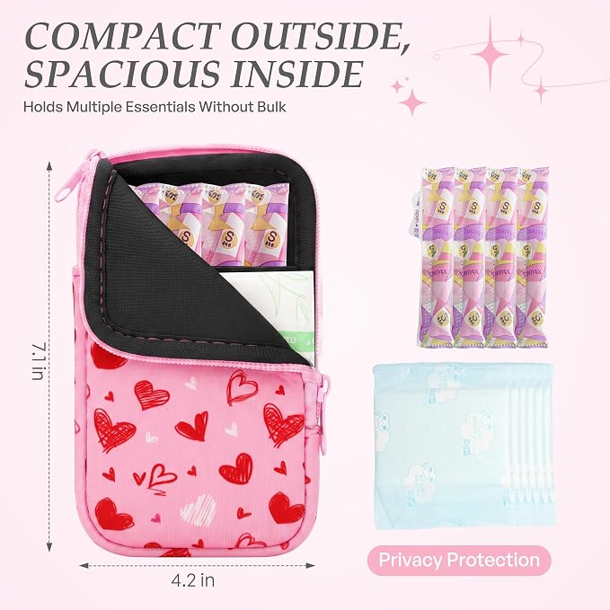KJQJLY 2 Pack Portable Tampon Organizer Bag Tampon Holder & Storage Case with Zipper for Travel, Discreet Period Bag for Purse, Waterproof Feminine Products Pouch for Women (Love)