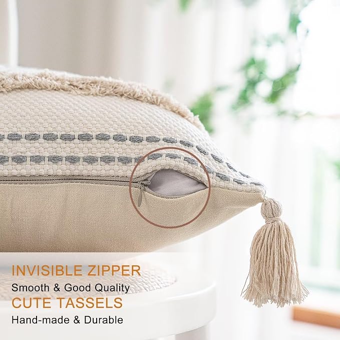 BUIOVBEY Boho Throw Pillow Covers Woven Tufted Pillow Cases with Tassels | Farmhouse Pillow Covers 20x20 Set of 2 Textured Striped Cushion Case Neutral Decorative Pillowcase for Sofa Couch Bed Khaki