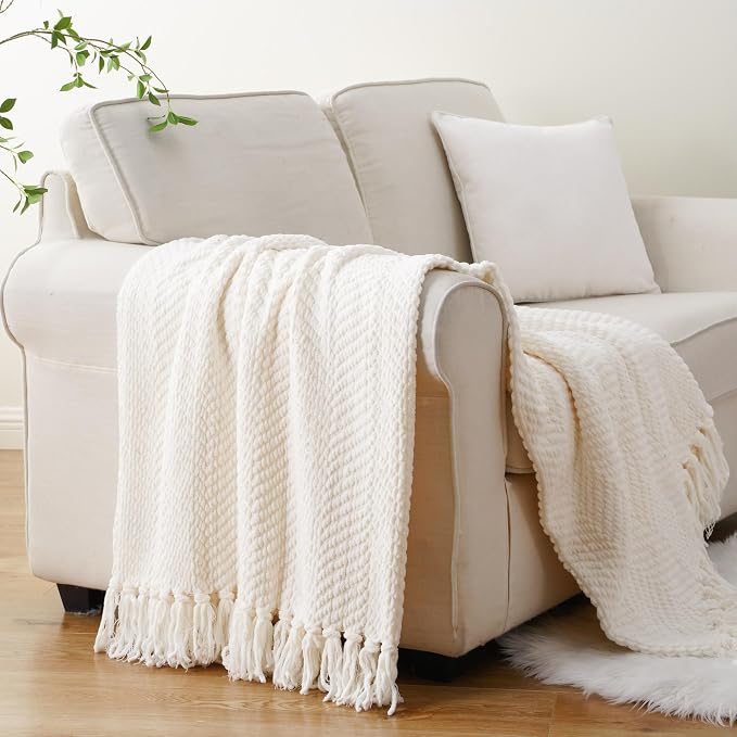 BATTILO HOME Cream Throw Blanket for Couch, Knit Throw Blanket, 50"x60" | Ivory Throw Blanket for Bed, Warm Decorative White Blanket Throw for Home Decor