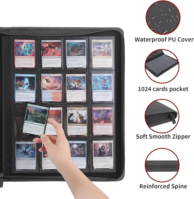 Snekdy premium 1024-pocket trading card binder, 16-pocket cards album, waterproof PU-leather Cover album with side loading, holds gaming, baseball, basketball & sports cards (light grey)