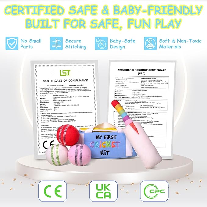 My First Cricket Kit | Cotton Soft Plush Toy | Gift Baby and Infant 0+ Months | 3 Soft Sensory Cricket Balls – Rattle, Crinkle, Squeaker & 1 Rainbow Rattle Cricket Bat | Safe, Fun, Educational