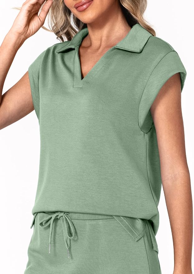Casly Lamiit Womens Two Piece Skirt Sets Casual Cap Sleeve Lapel V Neck Tops Summer Travel Outfits Short Tennis Skort Set