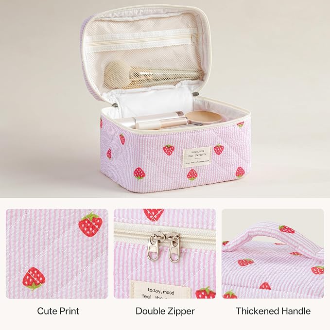 HBselect Quilted Makeup Bag, 3PCS Cotton Large Travel Makeup Bag, Cute Floral Coquette Make up Bag Cosmetic Bag Toiletry Bag for Women Girls