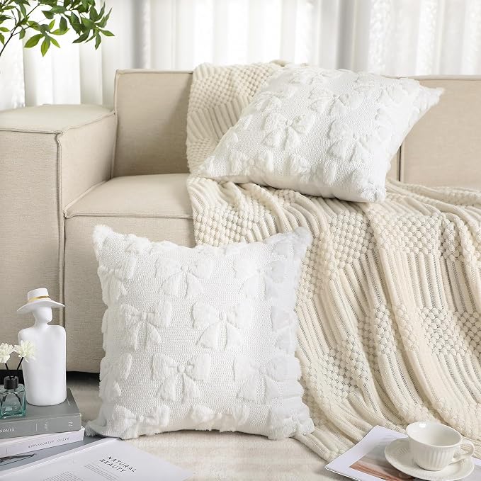 Mixweer Cream White Bow Pillow Covers Set of 2 Preppy Room Decor Coquette Cute Spring Summer Decorative Faux Fur Soft Bowknot Stuff Fluffy Plush Aesthetic Pillowcase for Bed Sofa Couch (18 x 18 Inch)