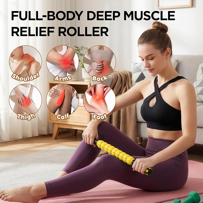 Muscle Roller & Massage Roller Stick for Athletes - Lymphatic Drainage Support, Relieves Muscle Soreness, Cramping & Tightness - Targets Legs, Arms, Back & Calves （Yellow）