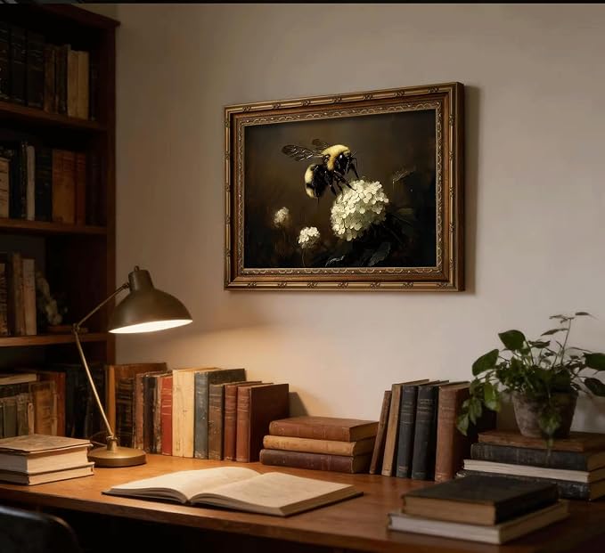 Vintage Gold Framed Bee Wall Art Dark Academia Insect Painting Canvas Print Gothic Moody White Hydrangea Picture Wall Decor Rustic Farmhouse Animal Poster Artwork for Living Room Bedroom Bathroom