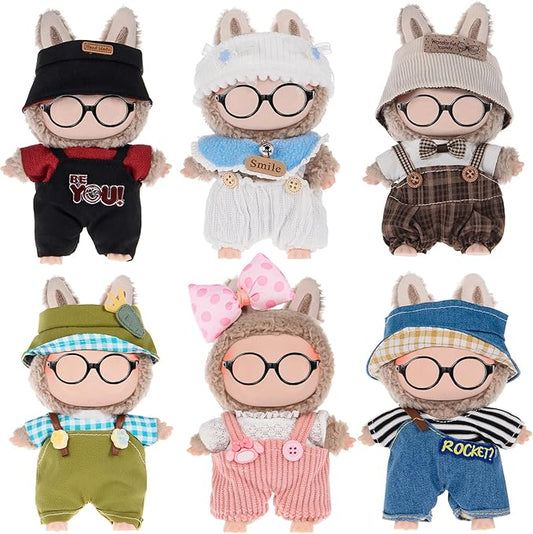 6 Sets Kawaii Doll Clothes for 17cm Plush Dolls - Dress Up Doll Clothing Set Replacement Fashion Outfit Collection with Hats & Accessories, Fits 6.7 Inch Mini Dolls (No Doll No Glasses)