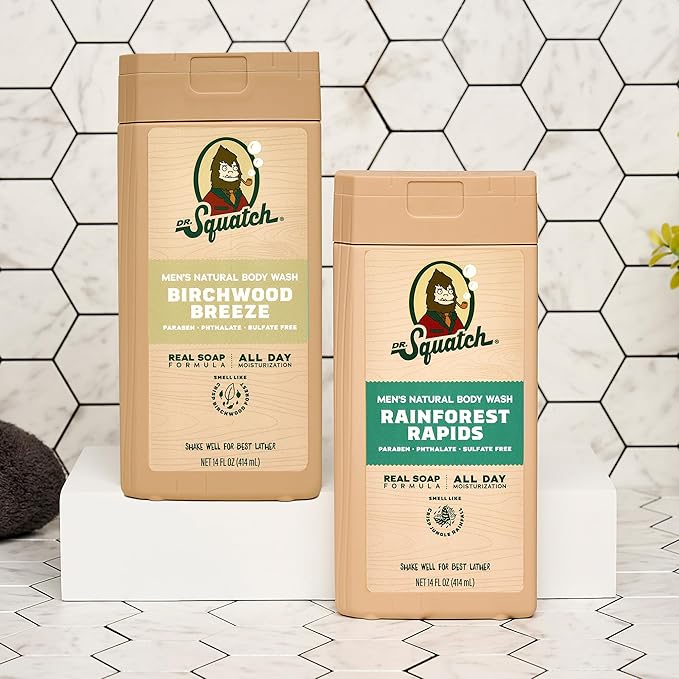 Dr. Squatch Natural Men's Body Wash Shower Gel - Cleansing, Nourishing, Long Lasting Scent, Moisturizing Body Wash for Men - Birchwood Breeze + Rainforest Rapids (14 oz, 2-Pack)