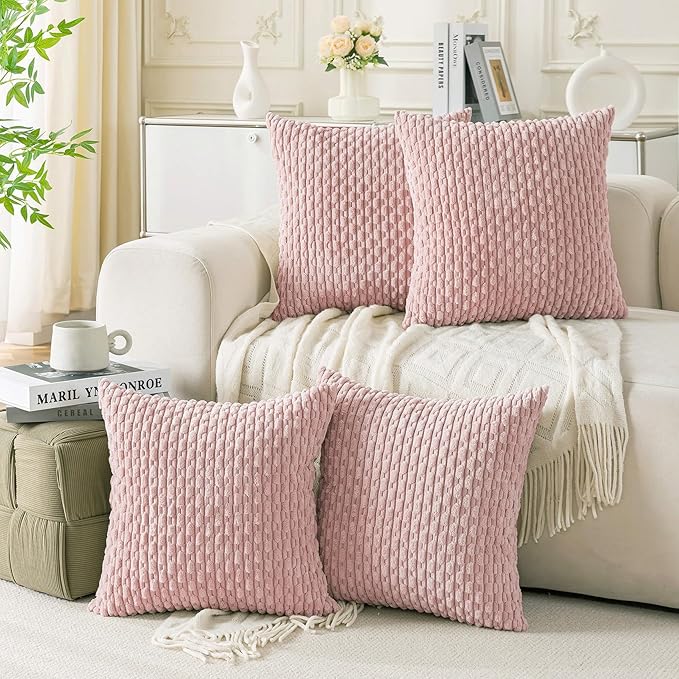 Set of 4 Light Pink Decorative Throw Pillow Covers 18x18 Inch Corduroy Pillow Covers for Bed Couch Sofa Living Room Soft Square Cushion Cases