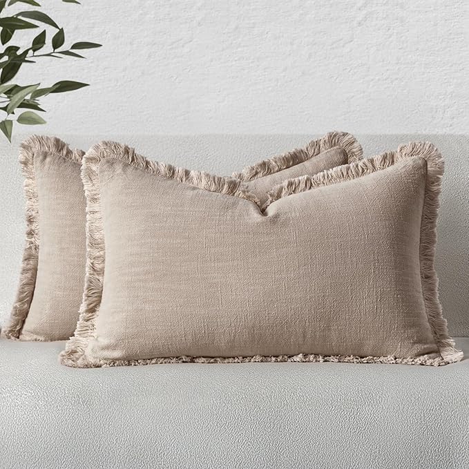 MIULEE Natural Linen Fringe Decorative Lumbar Throw Pillow Covers 12x20 | Set of 2, Cottagecore Decor, Boho Farmhouse Neutral Pillow Covers, Rustic Couch Cushion Cases for Sofa Bed Living Room