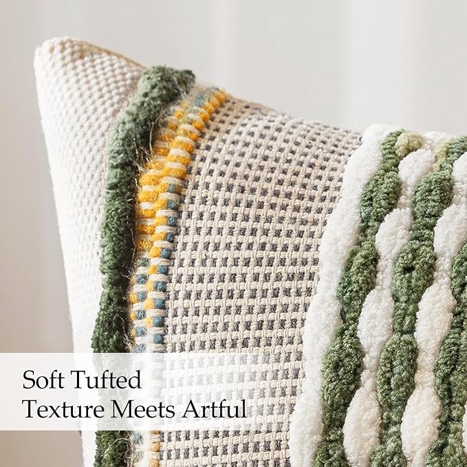 ANRODUO Boho Decorative Pillow Covers Olive Green Stripe 18x18 Pack of 2 | Throw Pillow Covers, Farmhouse Cushion Case, Chenille Pillow Cases, Pillow Covers, Accent Neutral Pillowcase for Couch Bed