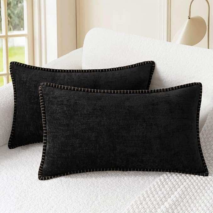 CaliTime Decorative Couch Throw Pillow Covers 20 X 12 Inches Black | Pack of 2, Cozy Chenille Cushion Cases, Cotton Thread Stitching Edges, for Sofa Bed Living Room Farmhouse