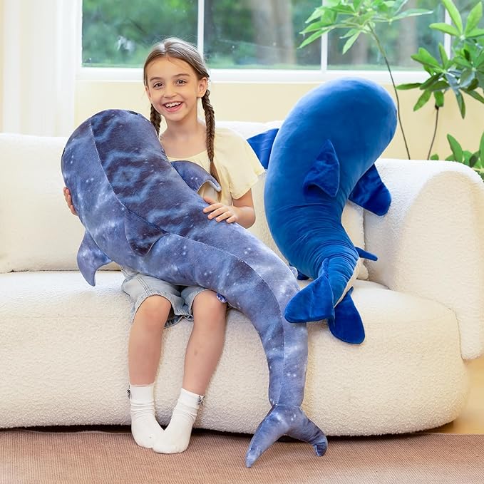 Tezituor 4ft Giant Whale Stuffed Animal, S-Shape Long Stuffed Ocean Whale Theme Plush Toy for Boys Girls, Hugging 47inches Soft Whale Plush Body Pillow for Sleeping