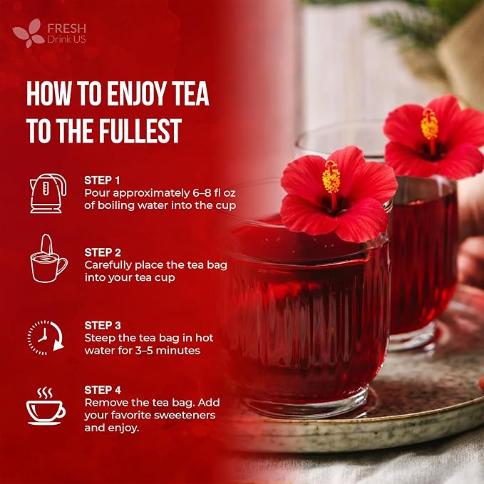 FreshDrinkUS, Hibiscus Bliss Tea | 75 Tea Bags | Herbal Tea Blend with Hibiscus Flower, Rooibos, Blackberry Leaves, Lemongrass & Lemon Balm – Naturally Caffeine-Free, Vibrant & Refreshing Tea. Vegan