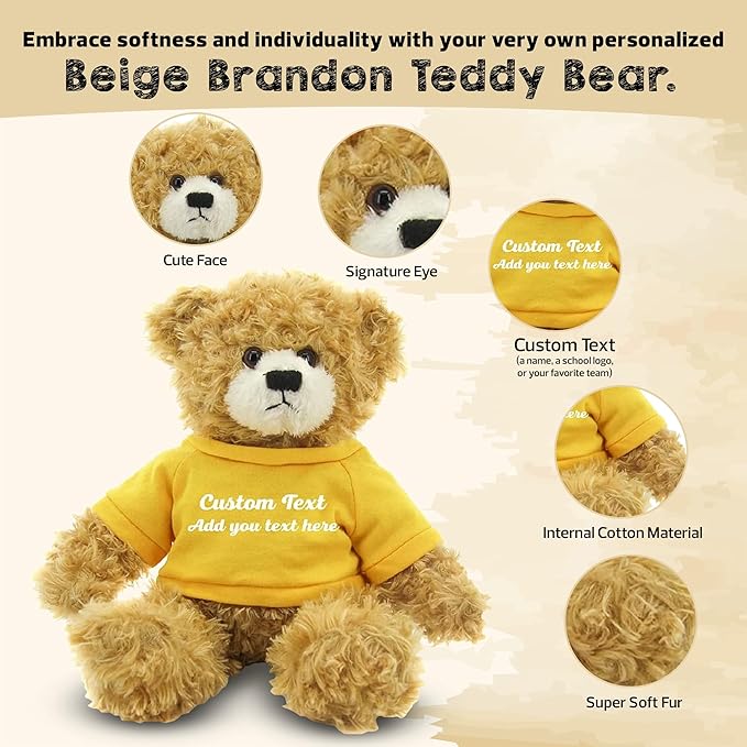 Customized Beige Brandon Bear - 12 inch Personalized Stuffed Bear Plush Toy - Perfect Custom Shirt Bear Gift for Graduation Valentines Graduation Easter Holidays (Yellow Shirt)