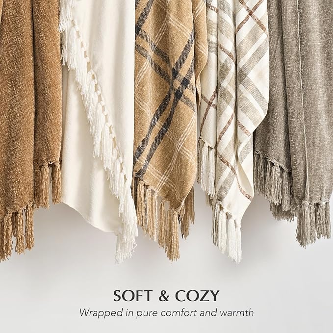 Plaid Chenille Knit Throw Blanket, 50"x60", Cream & Beige | Soft Knitted Throw with Tassels, Cozy, Lightweight, Windowpane Grid Plaid, Decorative Farmhouse Throw for Couch Bed Sofa Gift