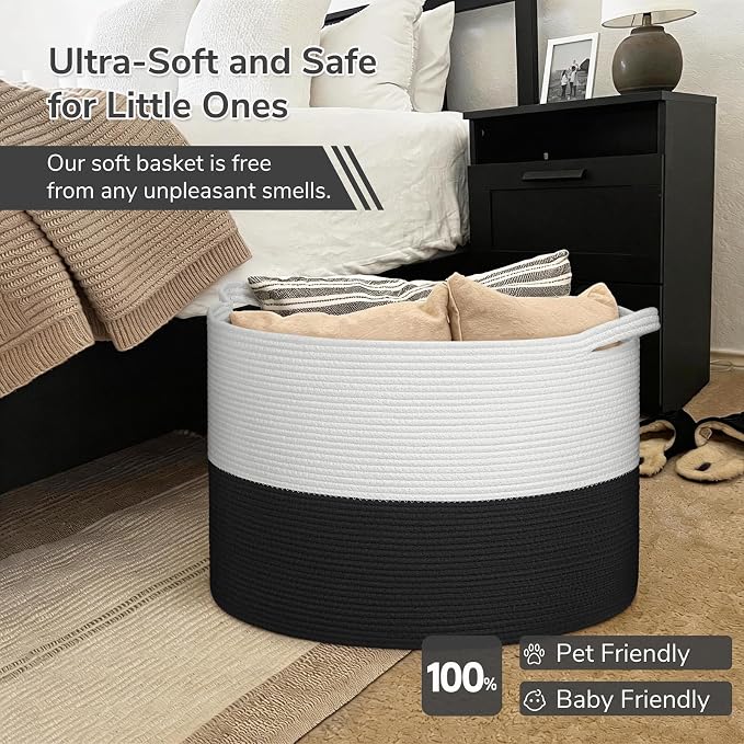 INDRESSME 115L Extra Large Woven Rope Blanket Basket Living Room WhiteBlack | 23.6" x 15.7" Storage baskets for toys laundry & pillows. Fits living room, bedroom or nursery décor. Soft-touch with handles