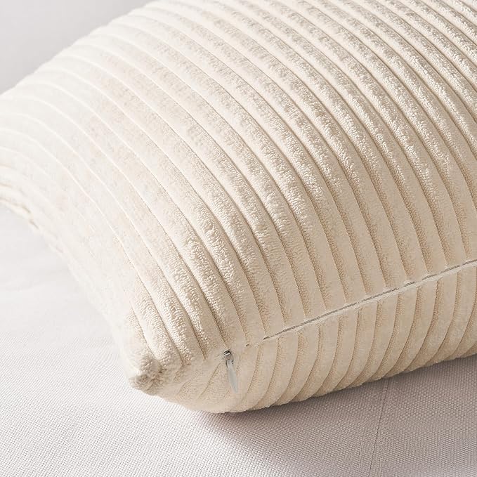 Topfinel 4 Packs Neutral Decorative Throw Pillows Covers 20x20 Inch for Living Room Couch Bed Sofa, Rustic Farmhouse Boho Neutral Home Decor, Soft Plush Striped Corduroy Square Cushion Case 50x50 cm