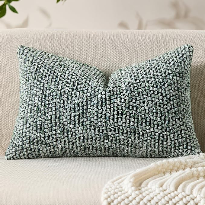 Allorry Soft Wool Decorative Throw Pillow Covers 12x20 Green SY011D12 | Cozy Soft Touch,Neutral Textured Boho Cushion Covers for Modern Farmhouse Sofa Bedroom Living Room Decor