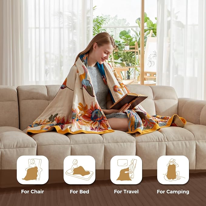 LUTBM Boho Throw Blanket for Couch 50"x60", 100% Cotton Summer Bed Blankets | Reversible Floral Butterfly Jacquard, All-Season, For Chair Sofa Living Room, Lightweight & Breathable Gauze, Bohemian Decor