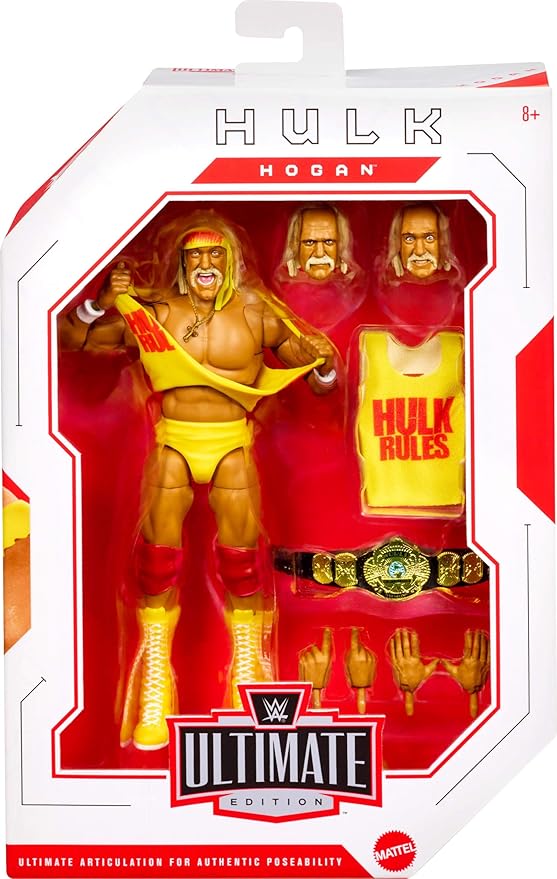 Mattel WWE Ultimate Edition Action Figure & Accessories Set, Hulk Hogan 6-inch Collectible with Swappable Heads & Hands, 30 Articulation Points