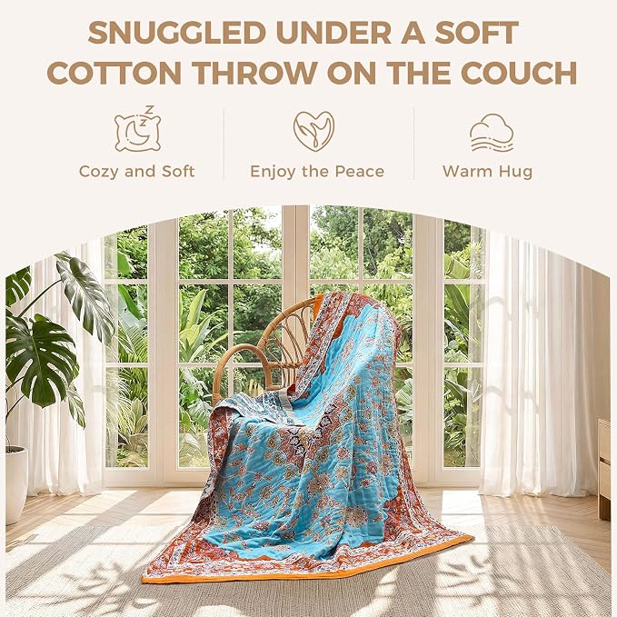 LUTBM Boho Throw Blanket for Bed 60"x80", All Season Cotton Couch Blankets | Reversible Vintage Floral Jacquard, All-Season Twin Lightweight Breathable Quilt, For Chair Sofa Bedroom Living Room Decor