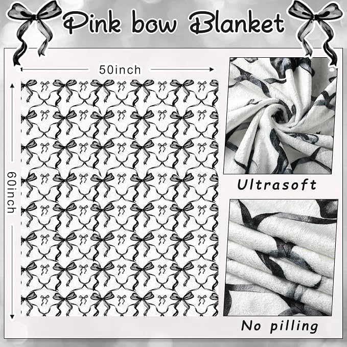 Black Bow Throw Blanket 50"x60" Soft Flannel for Girls Women | Coquette Aesthetic Decor with Ruffled Edges, Ultra Plush Bed Sofa Blanket, Preppy Gift for Teens, Back to School Dorm Room
