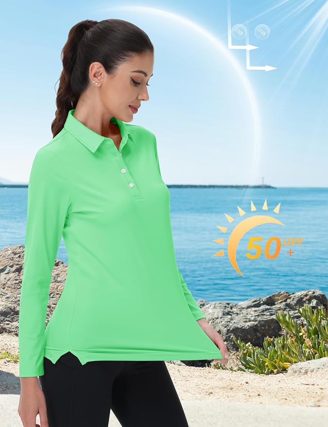MAGCOMSEN Long Sleeve Polo Shirts for Women Golf Tops with Collar Work | UPF 50+ Sun Protection, 4 Buttons, Moisture Wicking, Breathable, 4-Way Stretch, Collared, Quick Dry, Active, Casual, Tennis