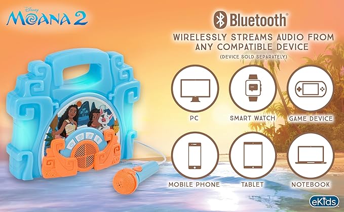 eKids Disney Moana Bluetooth Sing Along Boom Box with Microphone For Fans of Moana Toys, Kids Karaoke Machine with Built in Music and Flashing Lights