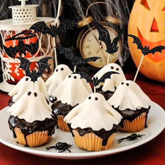 Gyufise 24Pcs Halloween Bat Cupcake Toppers Black Glitter Bat Halloween Cupcake Picks for Horror Theme Baby Shower Kids Birthday Party Cake Decorations Supplies