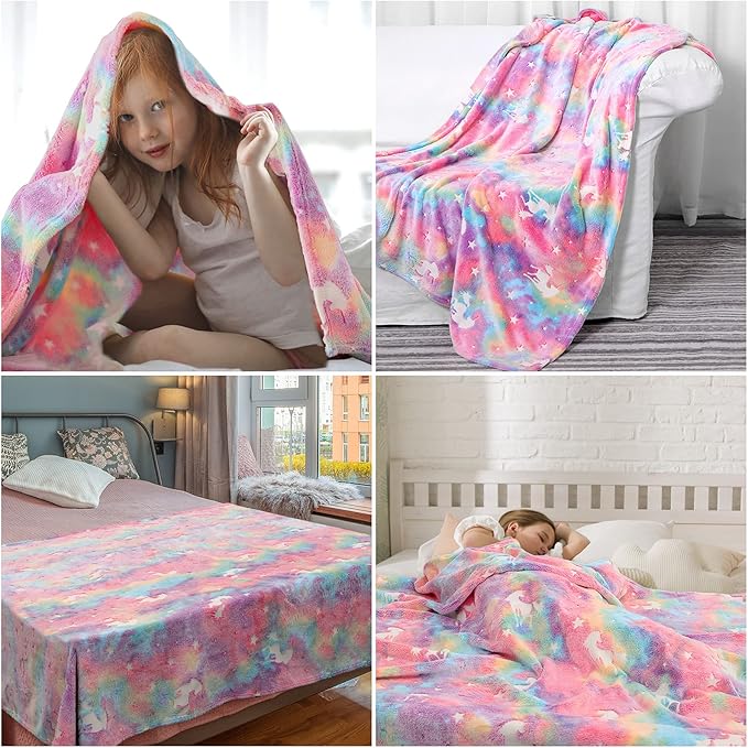 Glow in The Dark Blanket Unicorns Gifts for Girls,Toys for 2 3 4 5 6 7 8 9 10 Year Old Girl Gifts,Soft Kids Blankets for Christmas Halloween Birthday Valentines Gifts,60"x80"