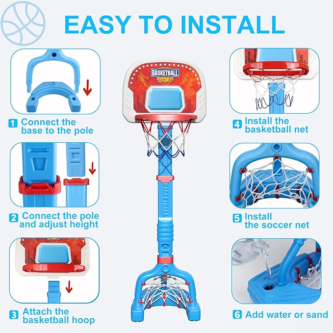 Toddler Basketball Hoop Indoor, Adjustable Kids Basketball Hoop and Soccer Goal for Ages 1-3 3-5, Portable Mini Basketball Hoop Set with 4 Balls for Boys Girls Child Indoor Outdoor Poolside