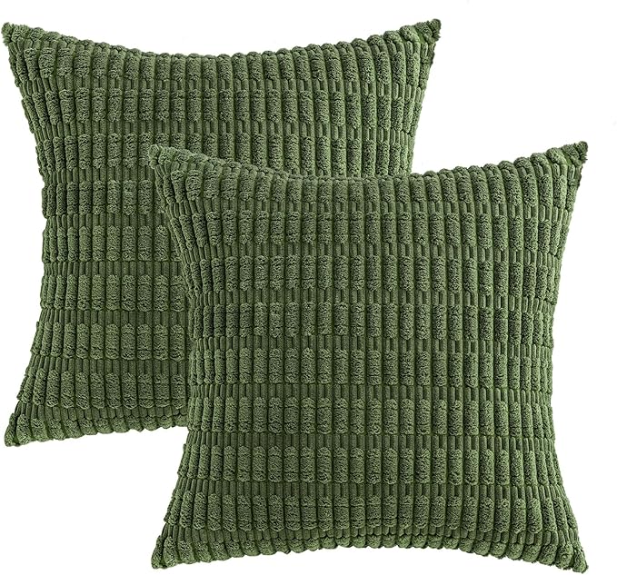 MIULEE Corduroy Decorative Throw Pillow Covers 16x16 Moss Green Pack of 2 | Soft Boho Striped Pillow Covers Modern Farmhouse Home Decor For Sofa Living Room Couch Bed