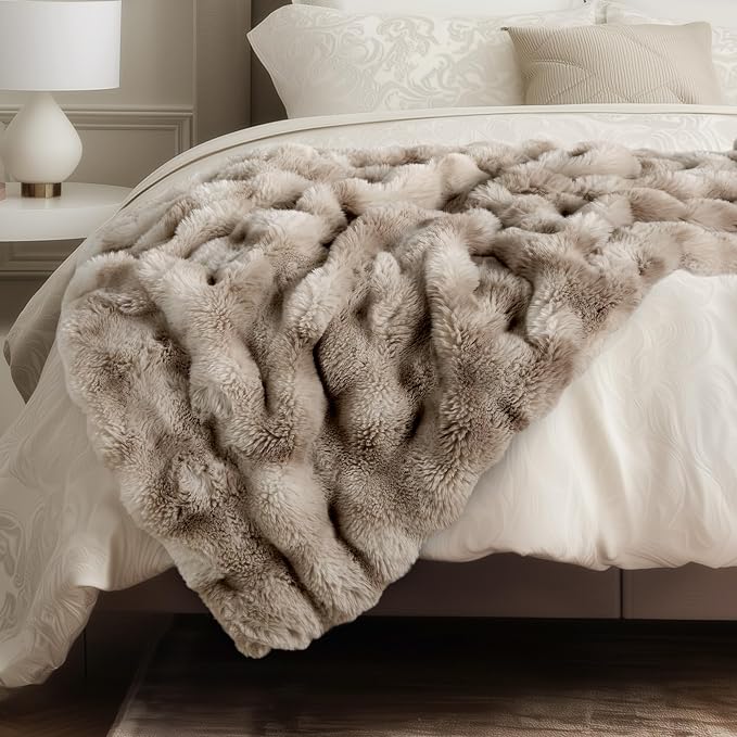 Ultra Soft Cozy Faux Fur Throw Blanket, Fuzzy Plush Thick Bubble Blanket, Oversize Luxury Fluffy Blanket for Couch, Bed, and Living Room, 60x80 Inches, Tie-Dye Light Taupe