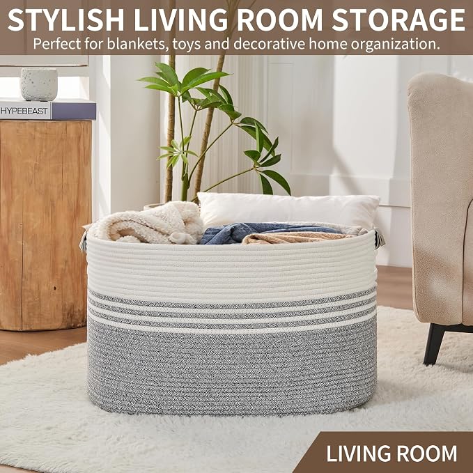 Laundry Hamper with Handles, 72L Rope Laundry Basket, Grey | Cotton rope clothes hamper with leather handles holds blankets, pillows, toys and laundry in nursery, bedroom or living room