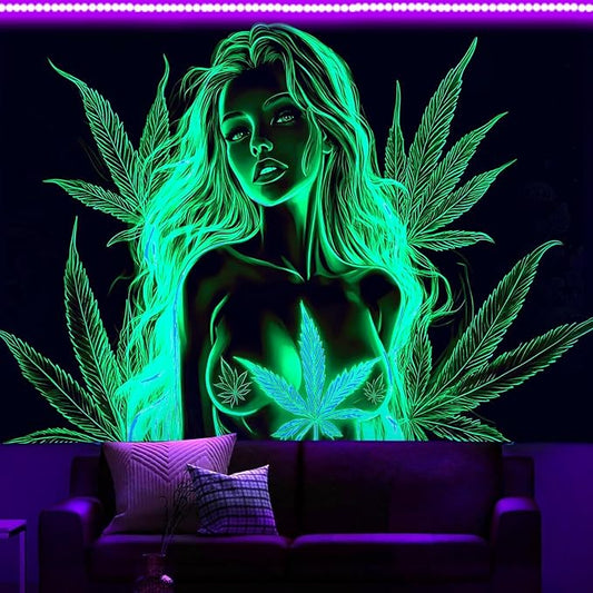 Bcsewcg Blacklight Art, Uv Glow in the Dark Tapestry Wall Hanging, Women Sexy Green, Hot Girl Poster for Adults Room Bedroom Dorm Wall Decor