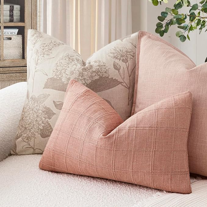 Foindtower Set of 2 Decorative Linen Check Throw Pillow Covers Neutral Farmhouse Lumbar Cushion Covers Modern Boho Accent Home Decor for Sofa Chair Couch Bedroom Living Room,12×20 Inch,Coral Pink