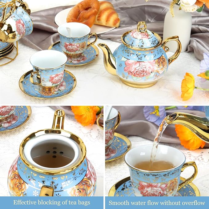 20 Pcs Porcelain Tea Set with Metal Holder, Adult Tea Set Gift, European Ceramic Tea Set for Adults, Flower Tea Cup Saucer Set for Party With Gold Flower Painting (Serene Blue)