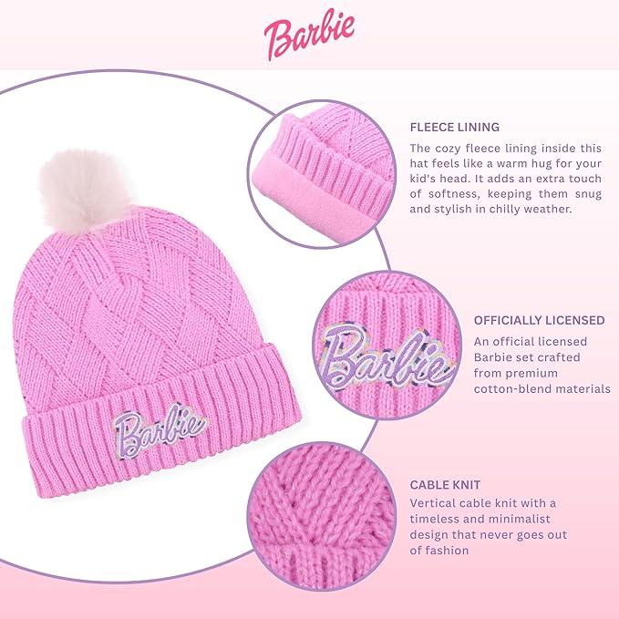 Barbie Girls Winter Hat with Gloves for Ages 5-13 Years – Ultra Soft Pink Beanie Winter Hat for Outdoors